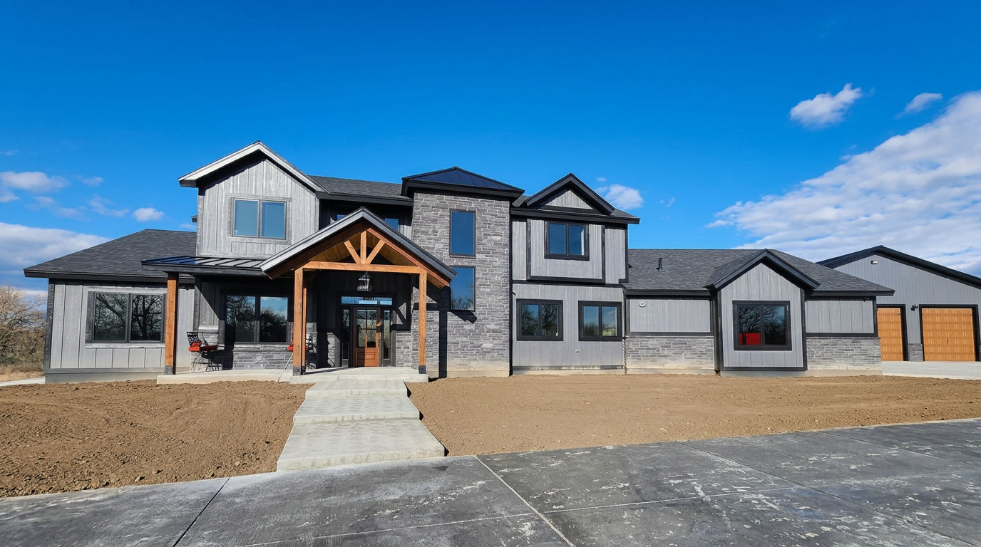 Two-story custom home exterior with gray siding, stone, and timber entry