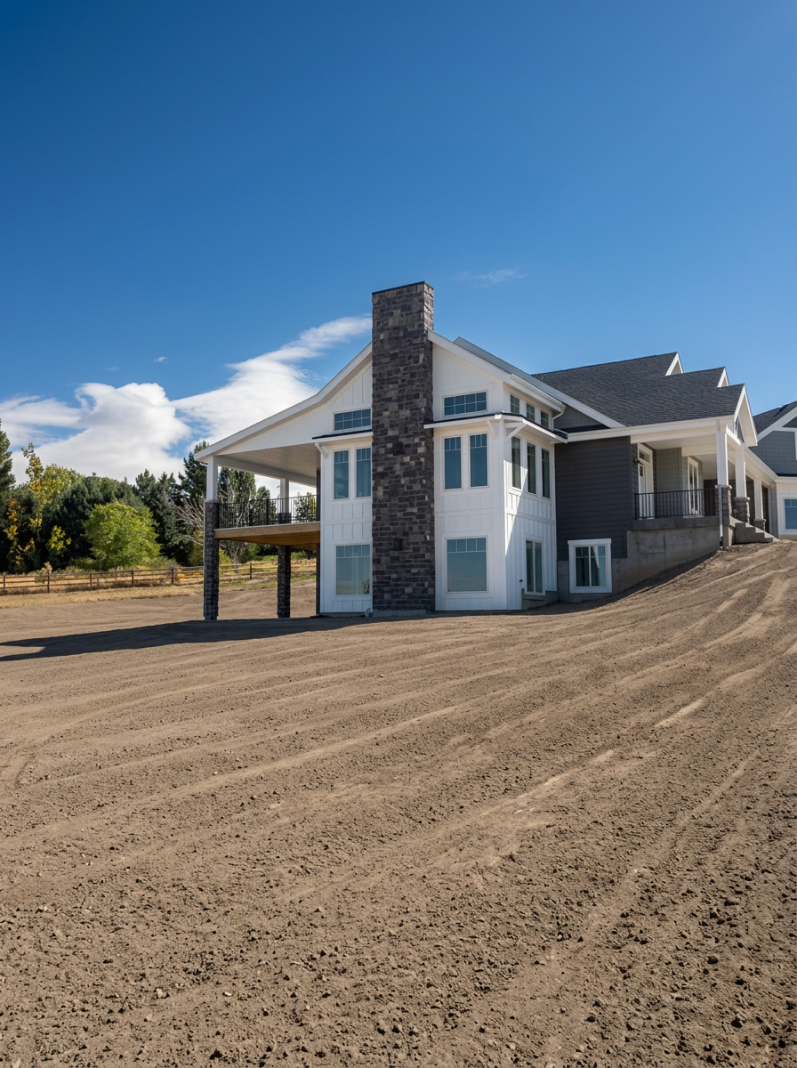 Custom home rear exterior with full stone chimney and covered deck