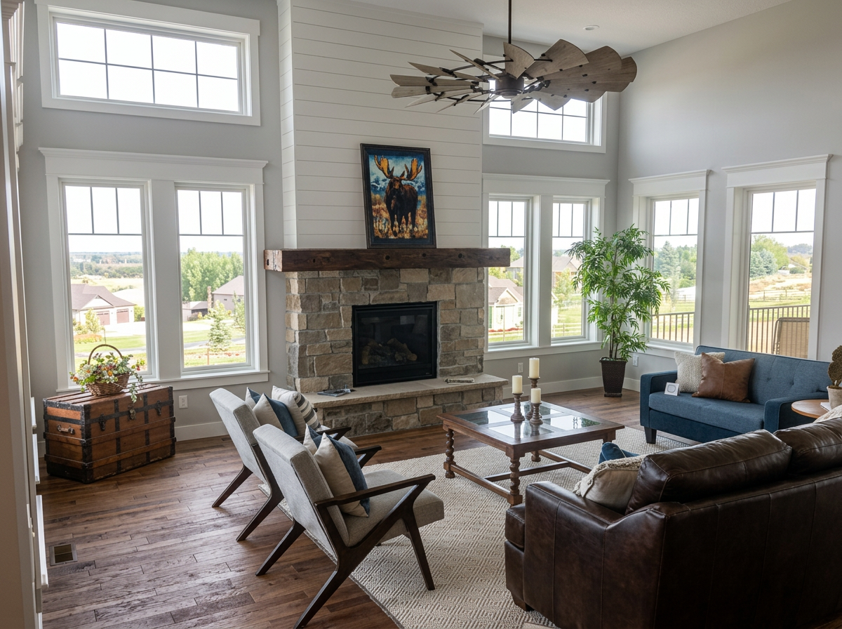 Two-story great room with stone fireplace, shiplap chimney, and wall of windows