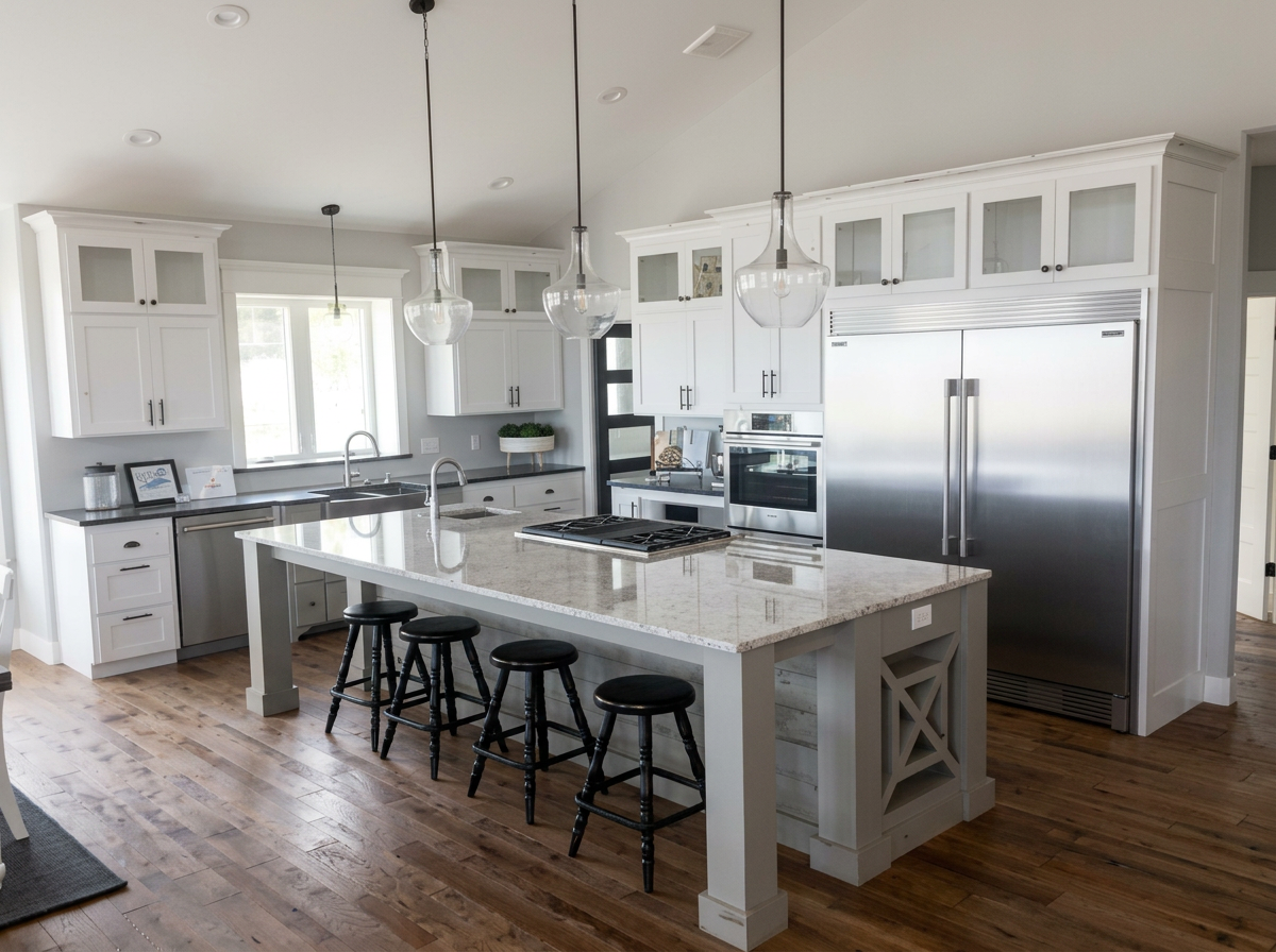 Custom kitchen with white cabinetry, granite island, and glass pendant lighting