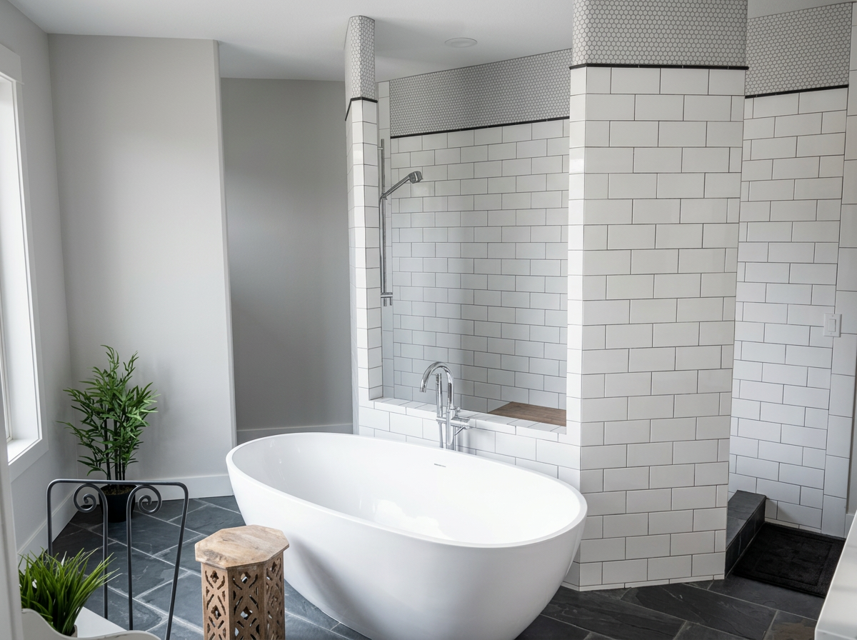 Master bath with freestanding soaking tub and white subway tile shower