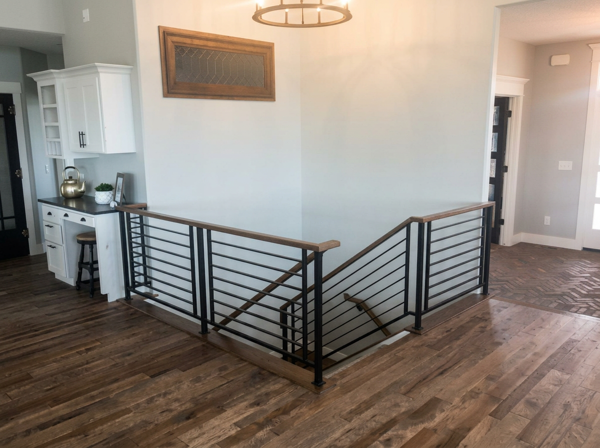 Open stair landing with black horizontal rail and hardwood floors